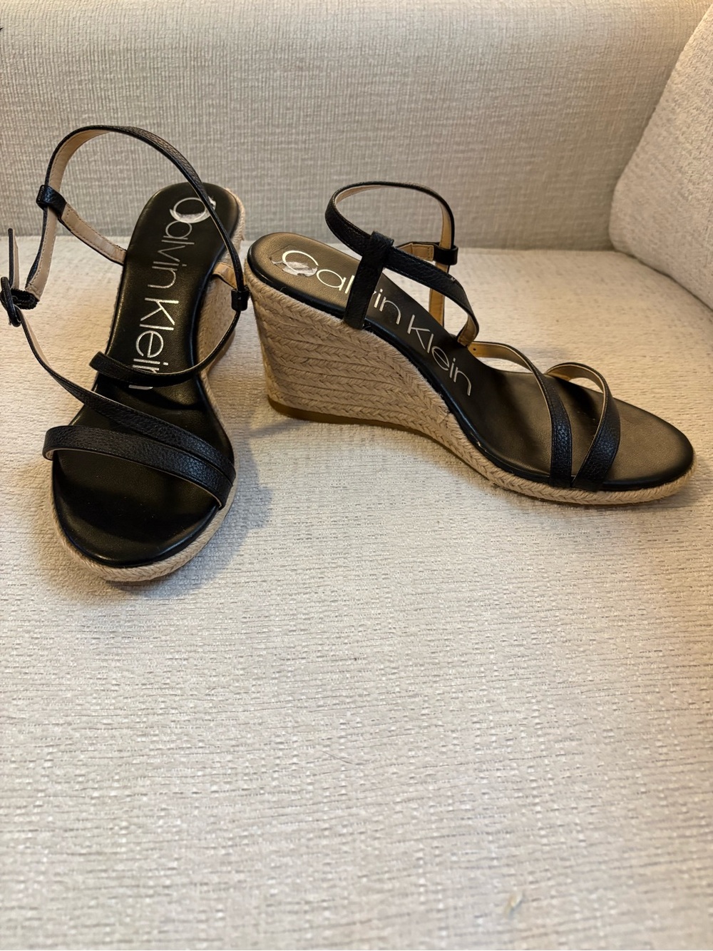 Calvin Klein Black Leather Strap Espadrille Wedges
